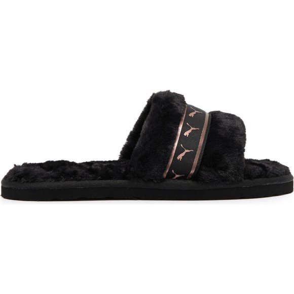 PUMA FLUFF REMIX FUR COMFORT GEL SLIDES SANDALS BLACK ROSE GOLD Size 8 - Picture 3 of 4